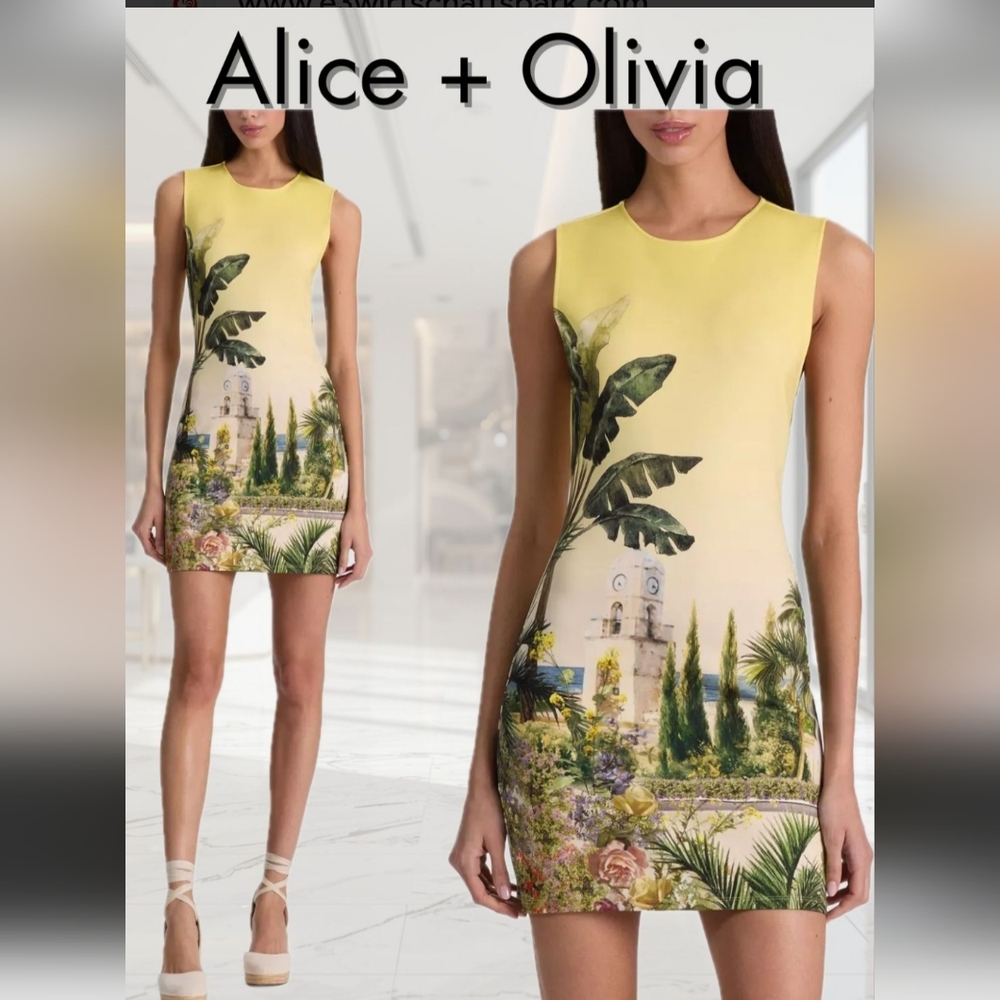 ALICE+OLIVIA WYNELL LANDSCAPE PRINT SHEATH MINIDRESS IN PURE PARADISE /SZ:6
